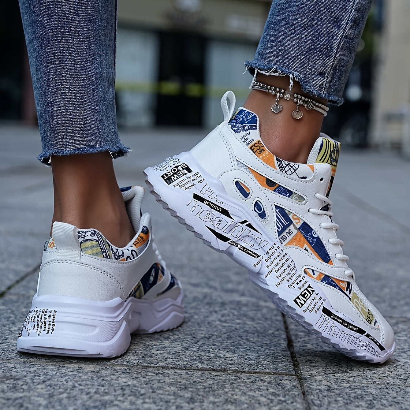 Men'S & Women'S Graffiti Couple Sneakers, All-Season Lightweight Cushioned Running Shoes, Stability Pronation, Cartoon Pattern, MD Sole, EVA Insole, Polyurethane Upper, Fabric Lining