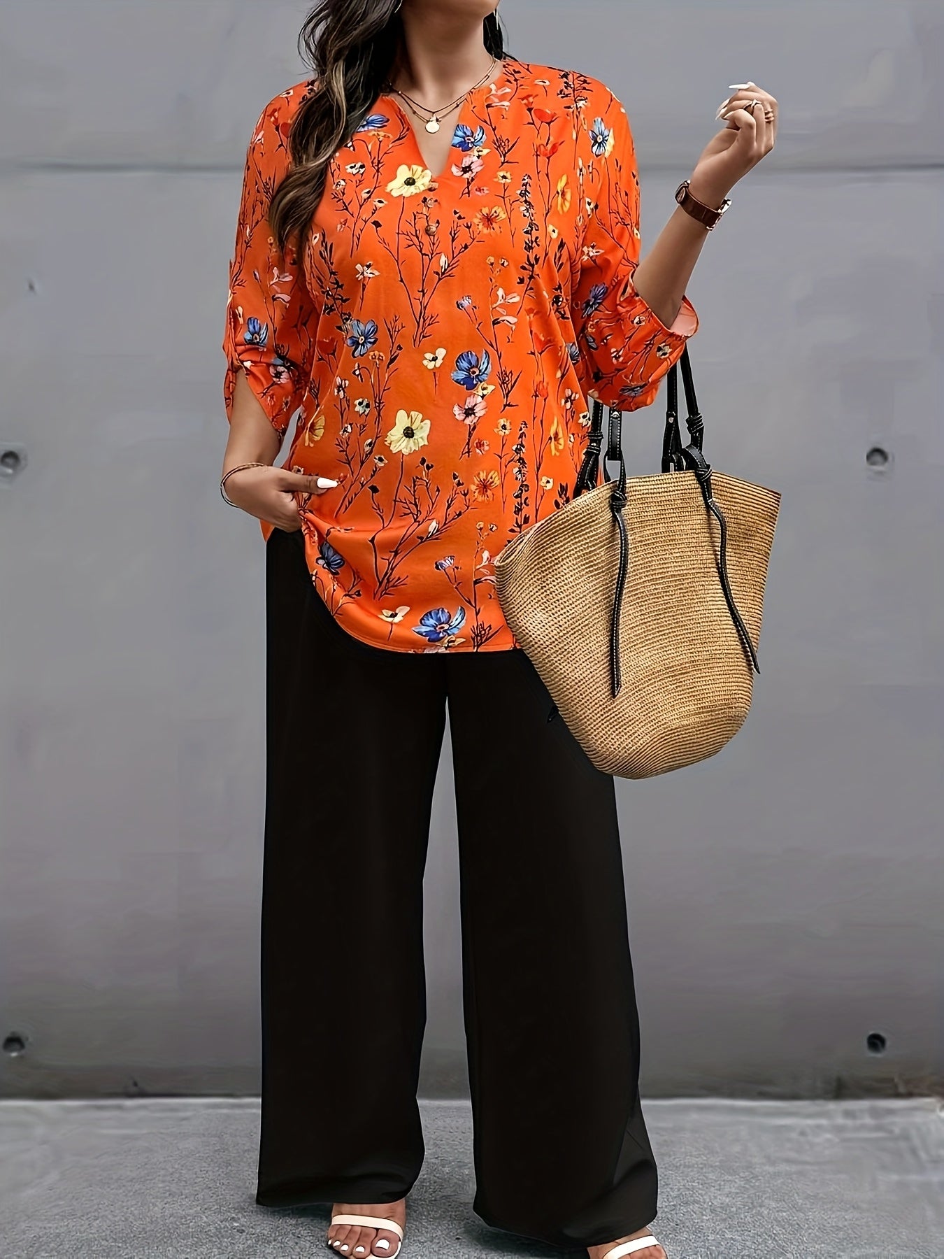 Plus Size, Oriented - Plus Size Women's Vacation Style Floral Shirt and Pants Set