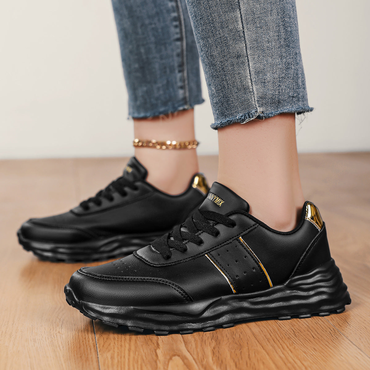 DJSUNNYMIX Women's Casual Running Shoes with Golden Glitter Accents - Lightweight EVA Sole, Breathable Fabric Lining, Low-Top Lace-Up Design for All-Season Comfort & Style, Sporty Footwear | Flexible Footwear