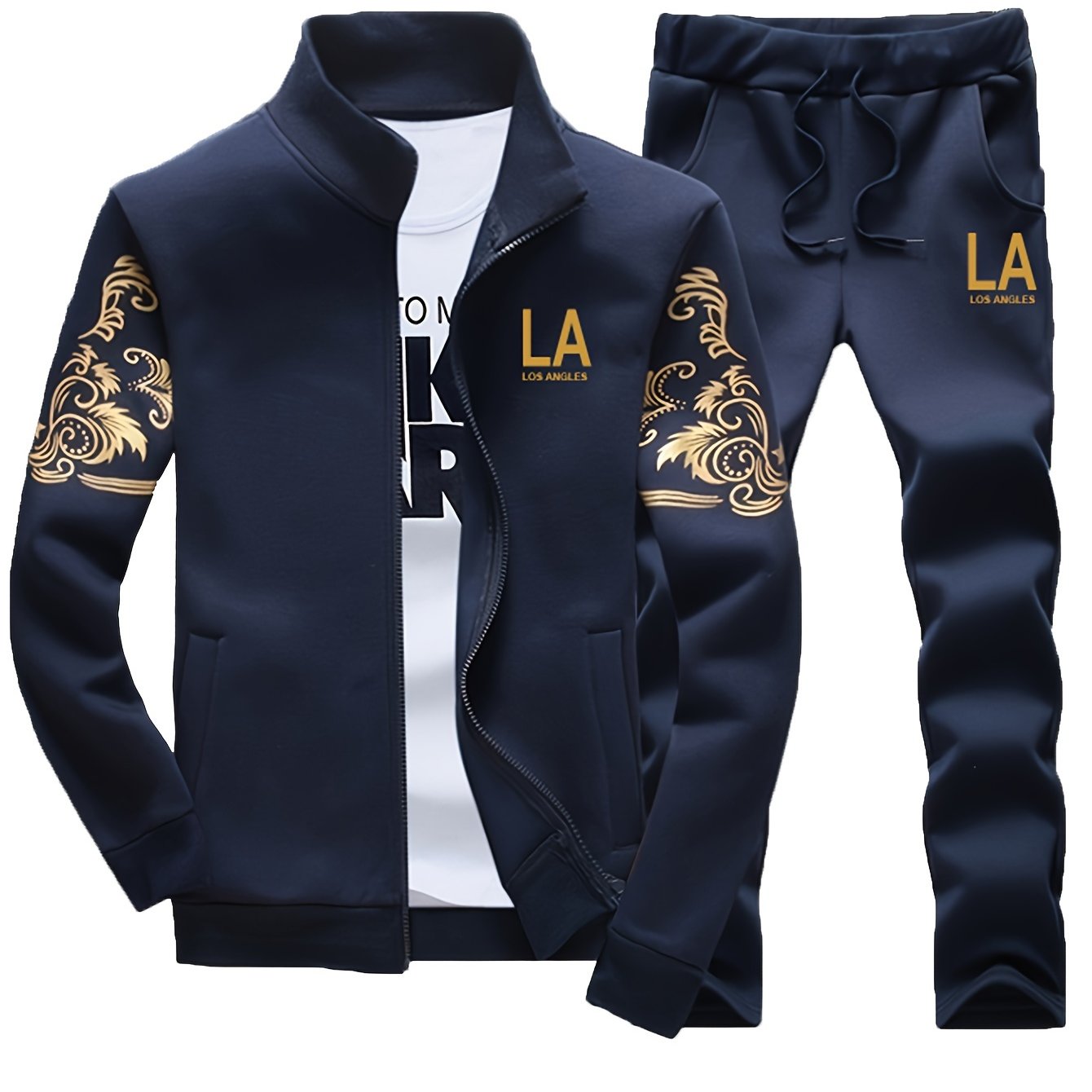 Men's Casual 2-Piece Outfit, Stylish Printed Full Zip Jacket & Drawstring Pants, Casual Sportswear Suit