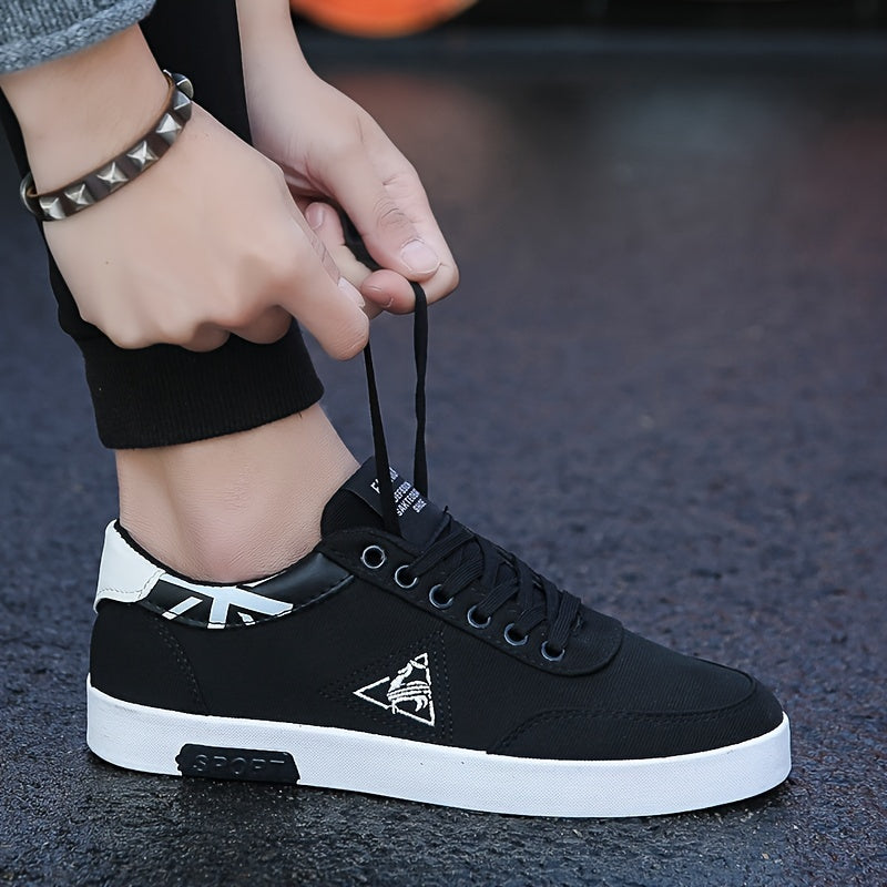 Men's Classic Lace-Up Sneakers - Breathable Canvas Walking Shoes with Non-Slip Rubber Sole, Comfortable for All Seasons, Casual & Sporty, Black with White Accents