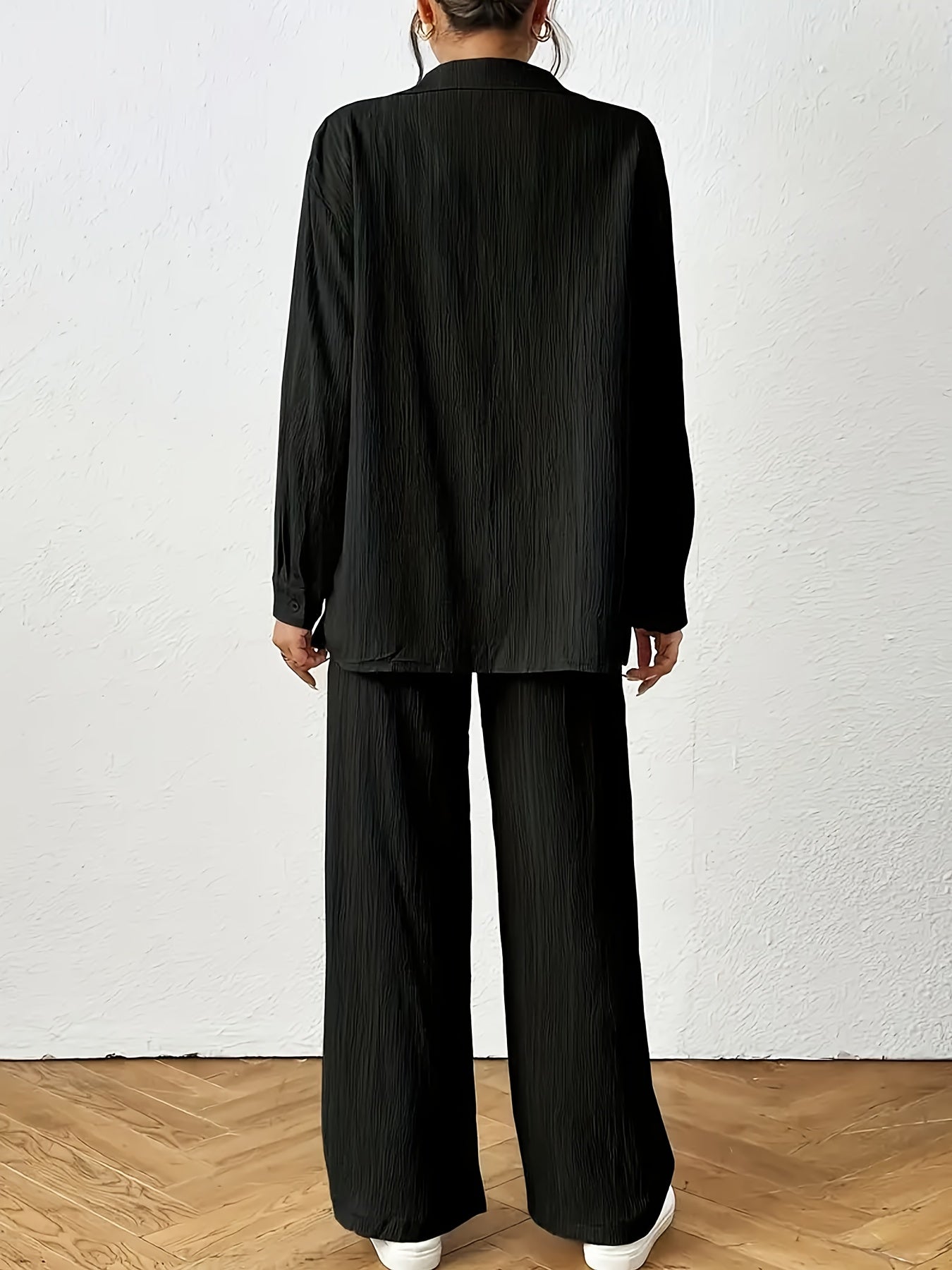 Women'S Casual Solid Color Long Sleeve Shirt + Long Pants 2pcs Set for Spring And Autumn.