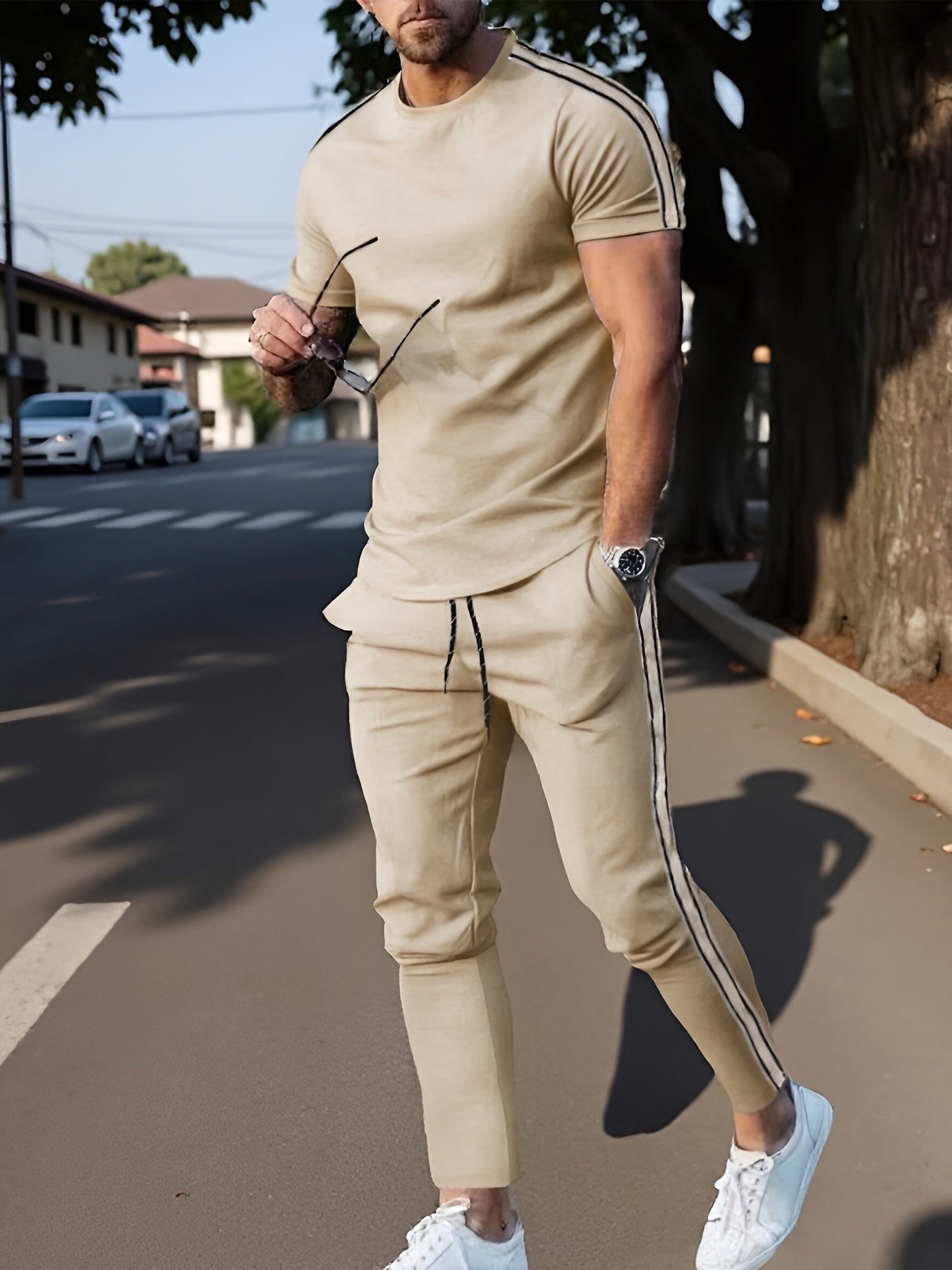 Cross-Border New Summer 2pcs Short-Sleeved T-Shirt And Long Pants Casual Men'S Casual Outdoor Sports Suit, Side Stripe Casual And Fashionable Men'S 2pcs Set