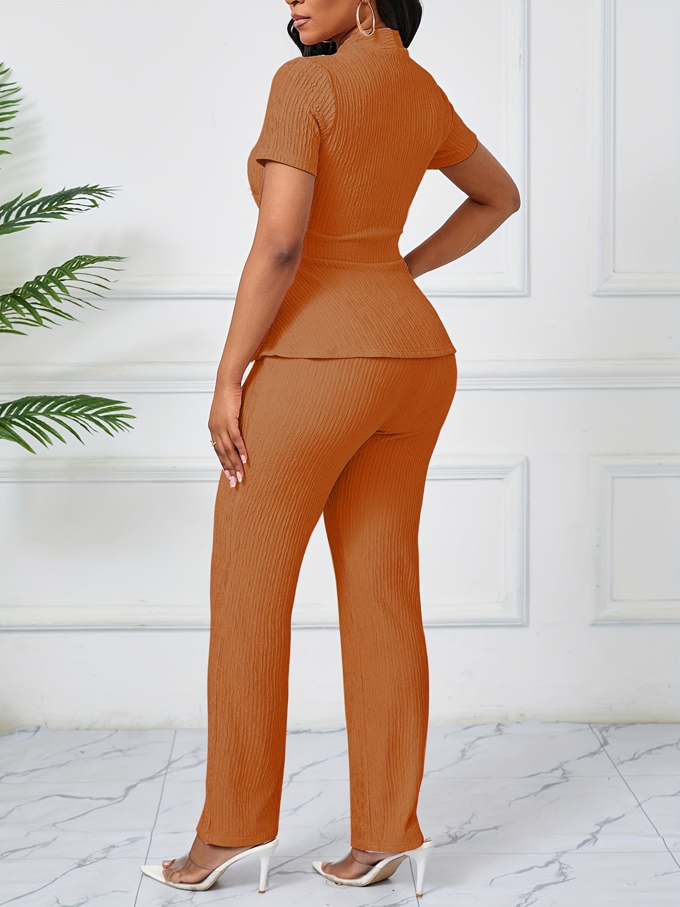 Women's Elegant Casual Solid Color Textured Pants Set
