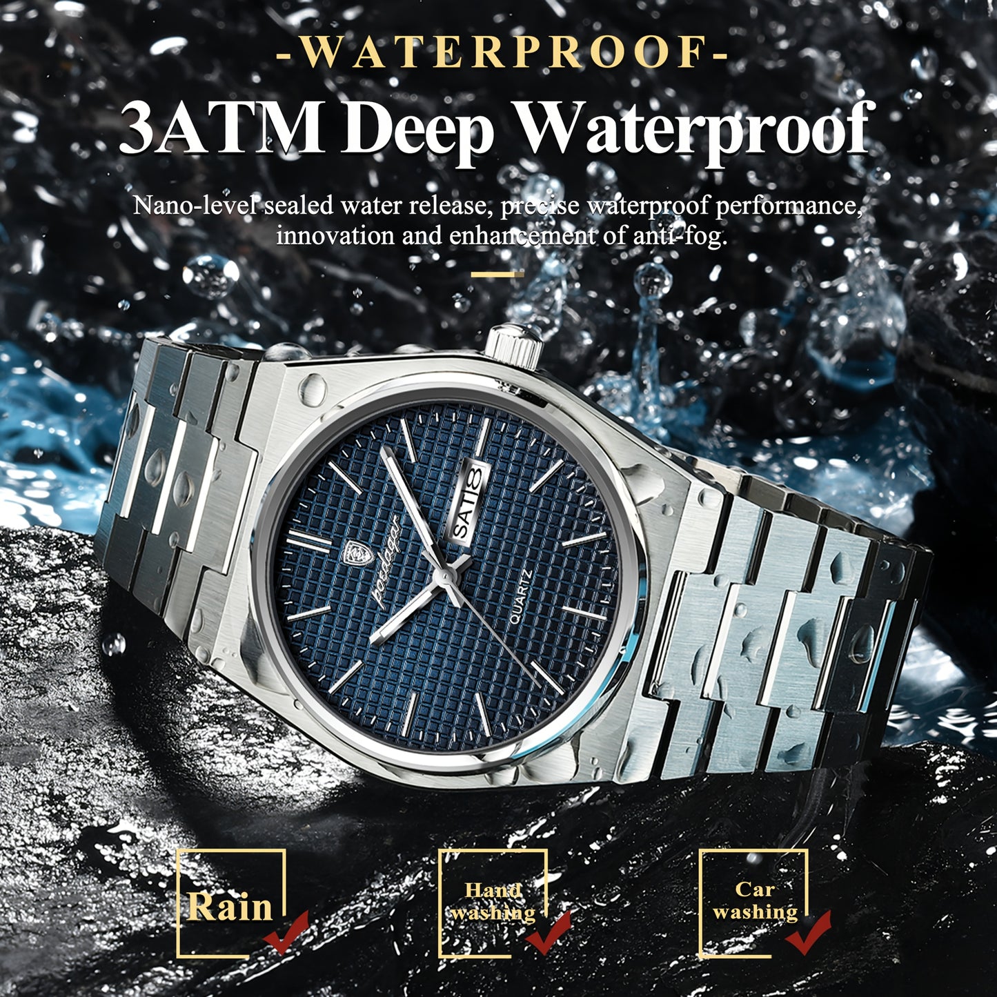 POEDAGAR Elegant Women'S Quartz Watch, Luminous Calendar, Stainless Steel Band, Round Alloy Case, Fashionable Night-Glowing Dial with Blue & Orange Accents
