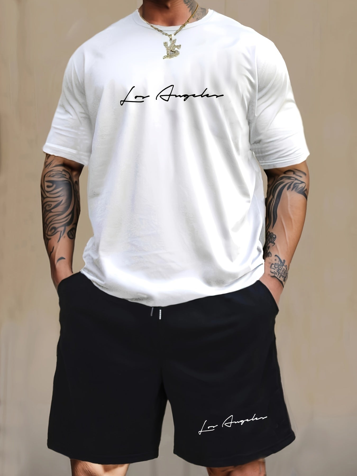 Men'S Casual 2pcs Set, Los Angeles Print, Short Sleeve Crew Neck T-Shirt & Knee-Length Shorts, Polyester & Spandex Blend, Comfortable Home Wear, All-Season Knit Fabric with Pockets, Regular Fit