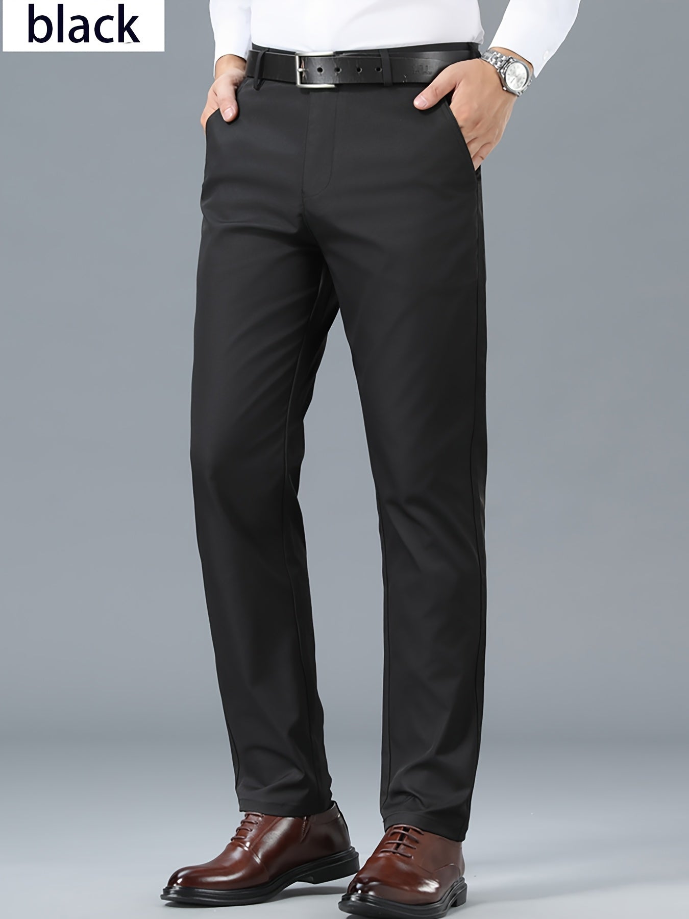 Men'S Classic Black Dress Pants - Stretchy Polyester, All-Season Comfort Fit, Regular Length, Solid Color, Allseason Pants | Stylish Dress Pants | Comfortable Fit Pants