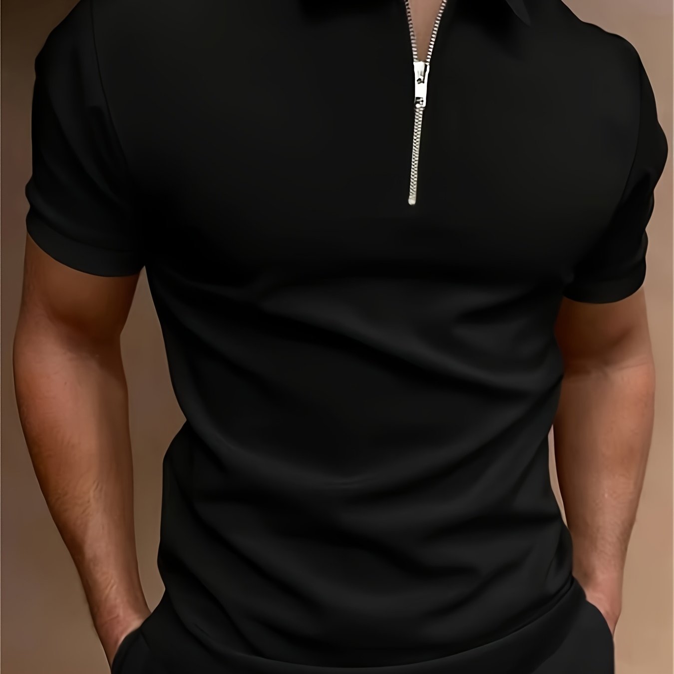Casual Stretch Men's Solid Color Zipper Lapel Golf Shirt, Male Summer Streetwear