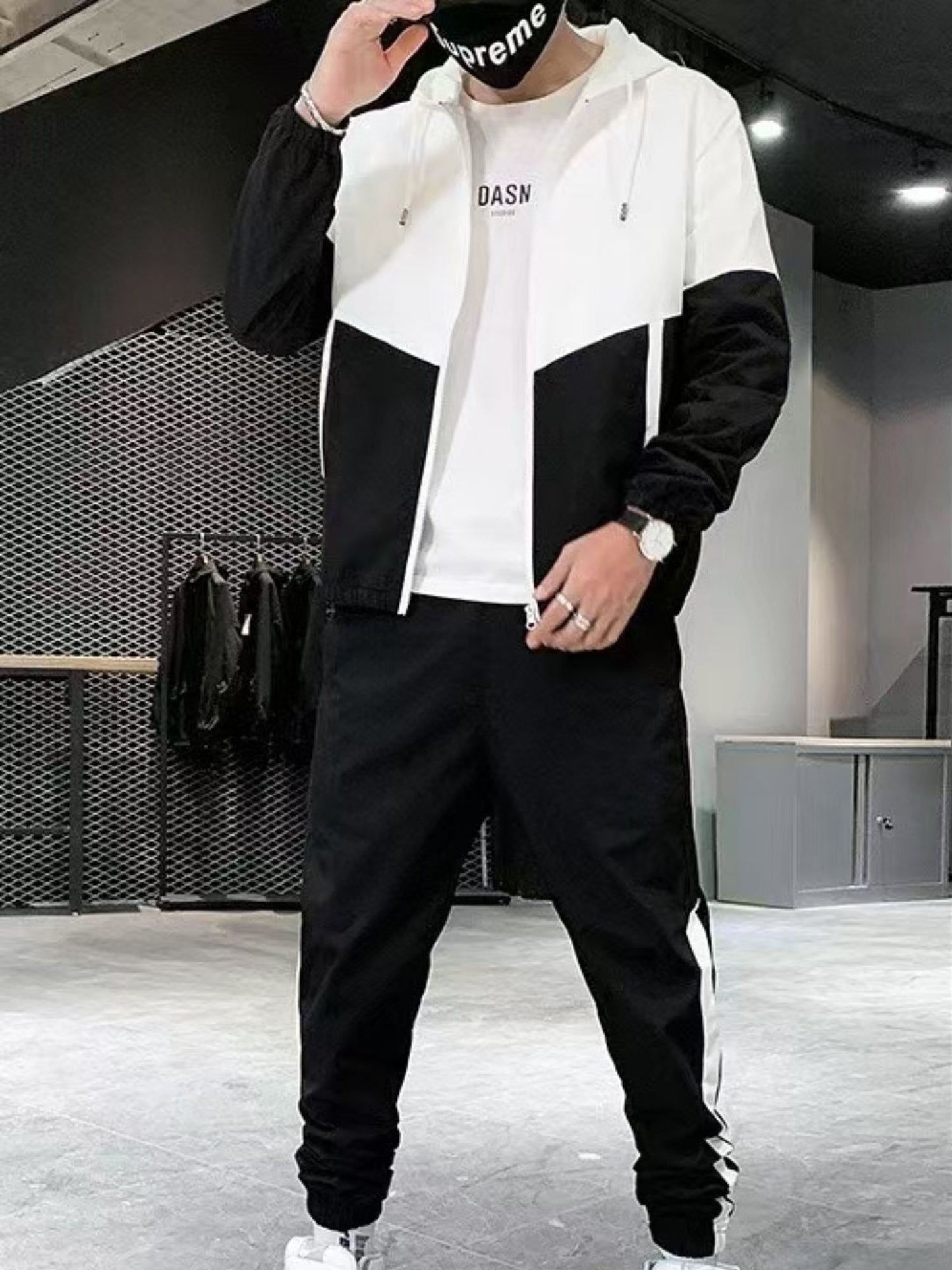 Men's Spring Autumn Outdoor Sports Training Casual Color Block Stitched Hoodie Adjustable Set Home Top and Pants Fashionable Windproof Jacket Pants Two-Piece Suit