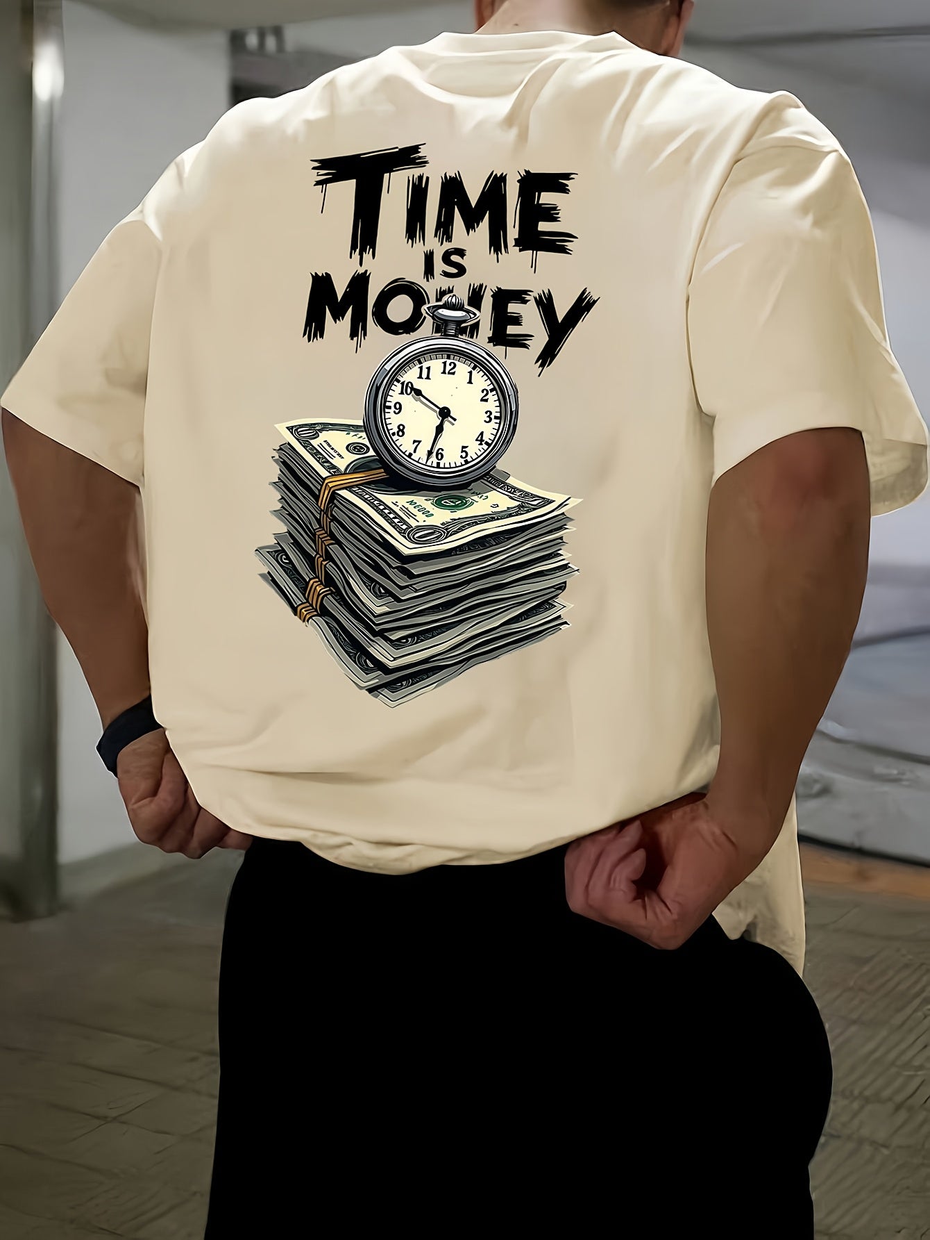 Men'S Casual Short Sleeve T-Shirt with "Time is Money" Clock & Stack of Cash Graphic - Lightweight Polyester, Loose Fit, Round Neck, Perfect for Spring & Summer Outdoor Wear, Relaxed Fit Shirt | Bold Graphic Tee | Glossy Text