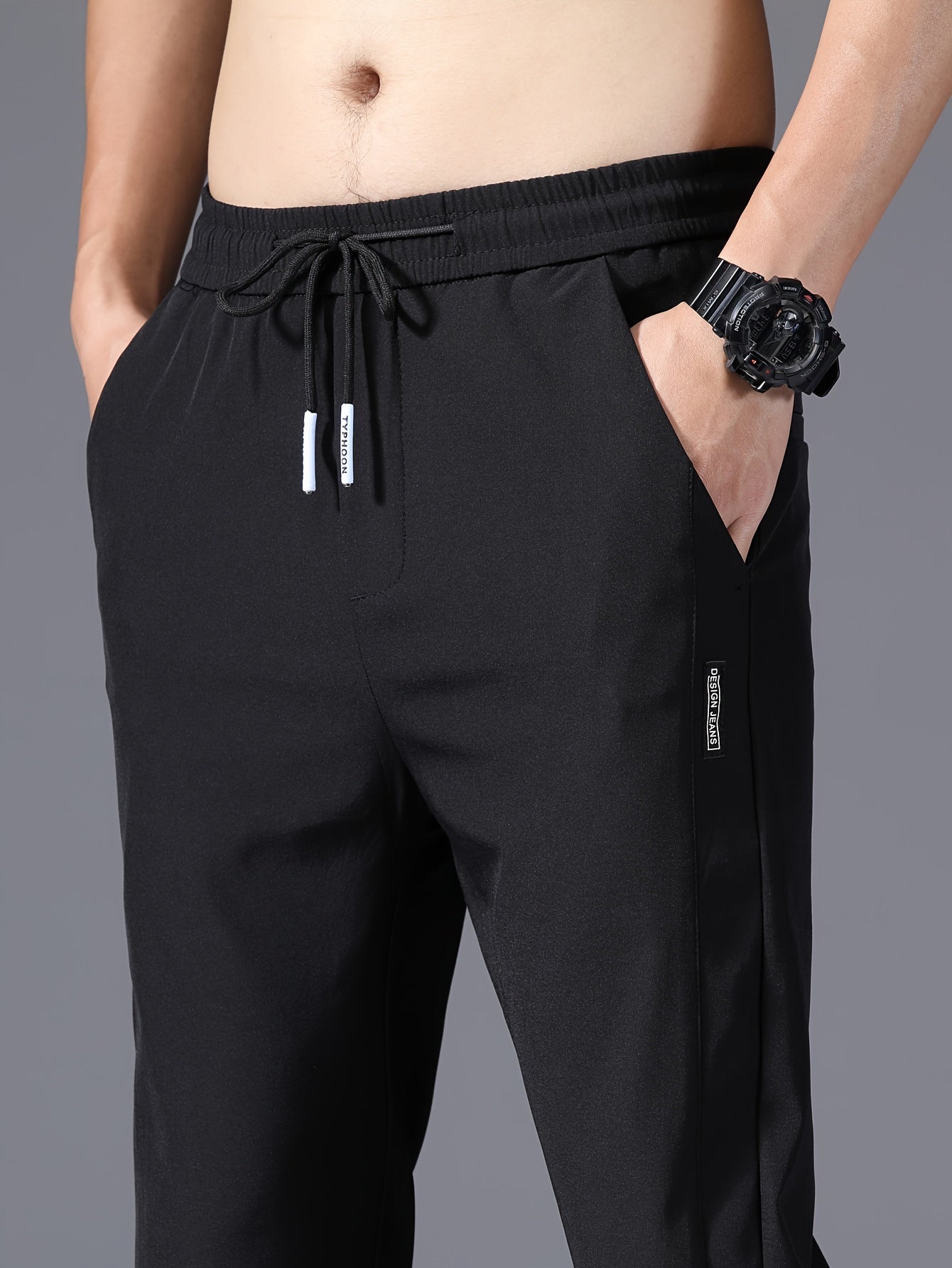 Men's Summer Casual Pants - Lightweight Stretch Nylon, Elastic Drawstring Waist, Straight Fit, Solid Black Trousers for Casual Attire, Adjustable Comfort Pants|Relaxed Look|Glossy Finish