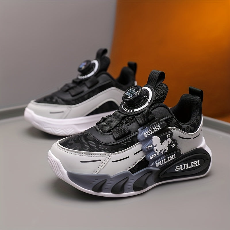Kid's Trendy Colour Block Sneakers with Rotating Buckle, Comfy Non Slip Durable Shoes for Boy's & Girl's Outdoor Activities