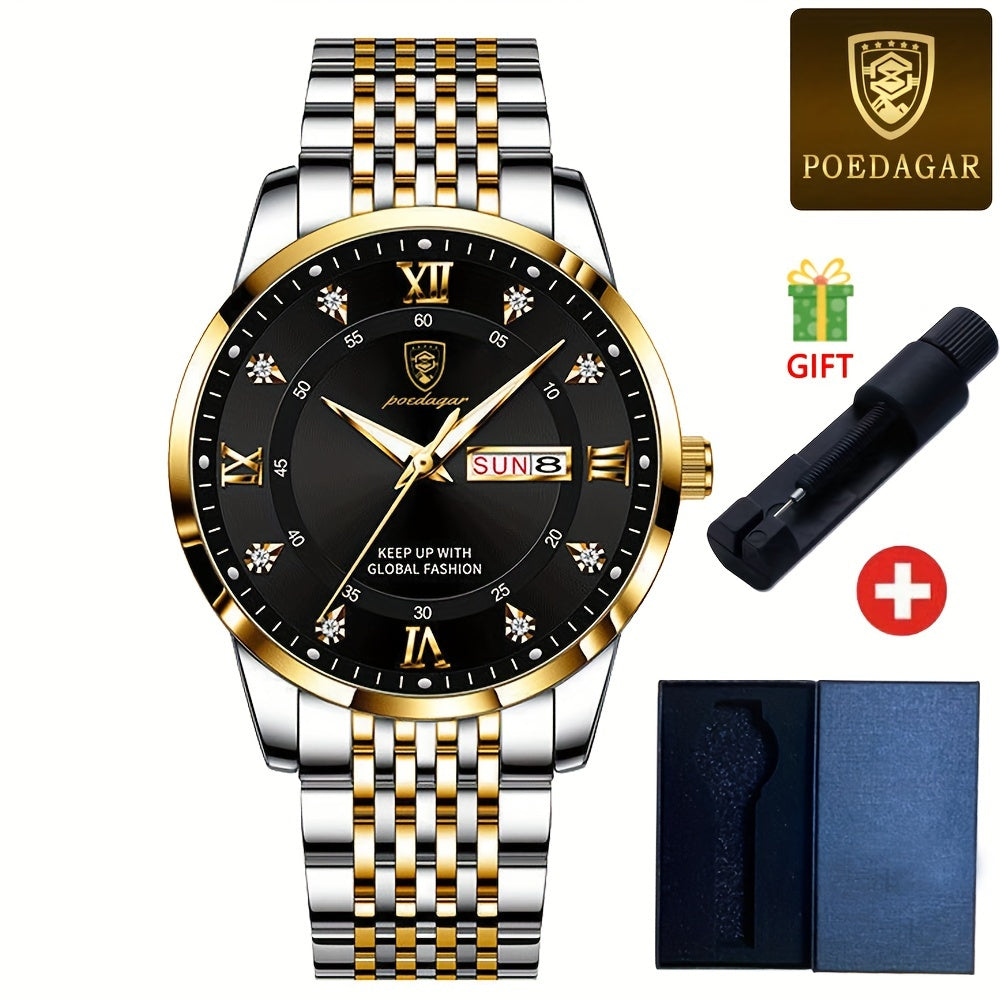 POEDAGAR Classic Men'S Stainless Steel Quartz Watch, IPX8 Luminous Weekly Calendar Watch for Men, Perfect Gift Option, Suitable for Women