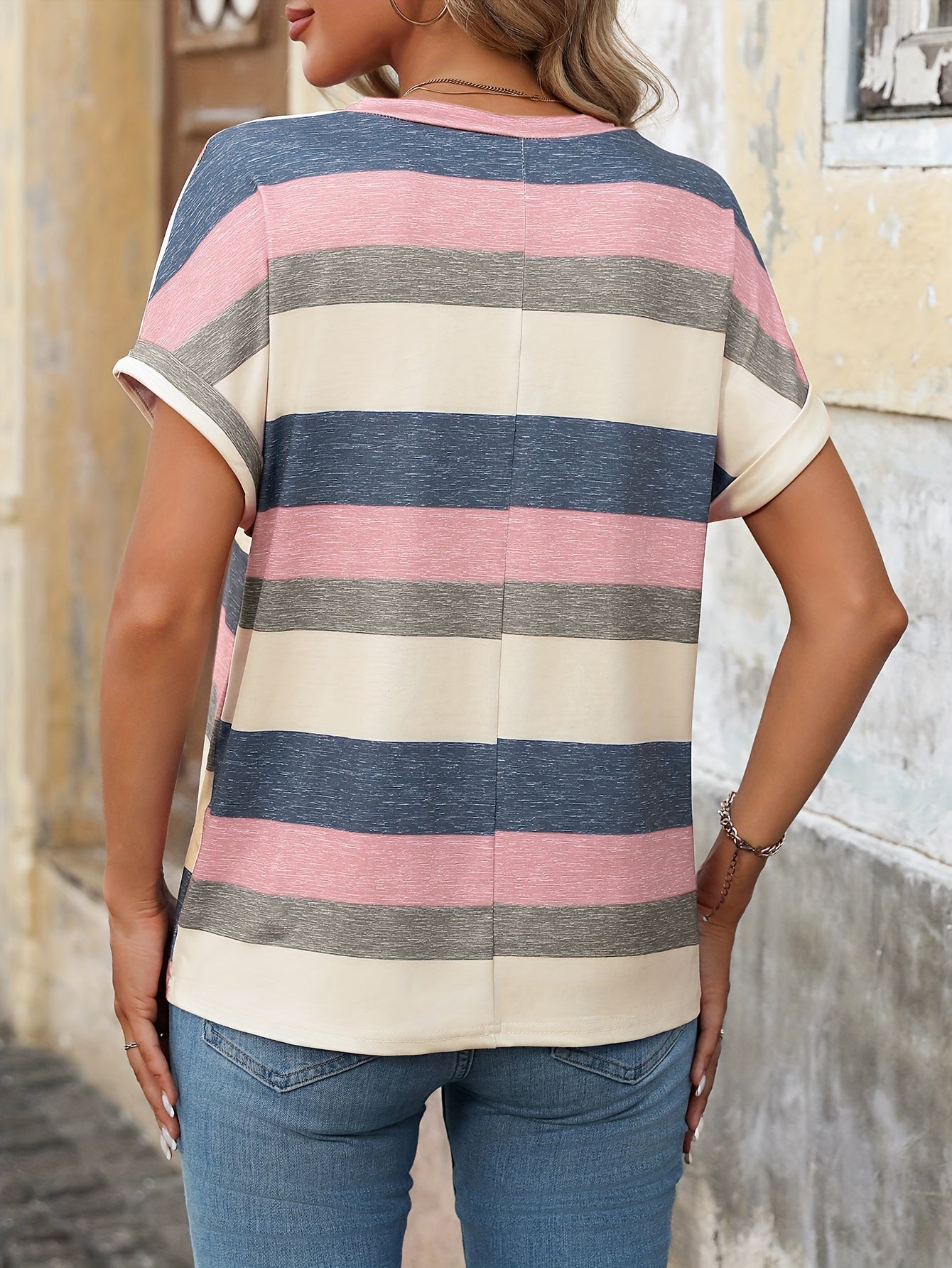 Women's Elegant Knit Striped Short Sleeve T-Shirt - Red & White Stripes on Navy Blue, 95% Polyester 5% Elastane Blend, Lightweight 180gsm Summer Casual Top, Machine Washable