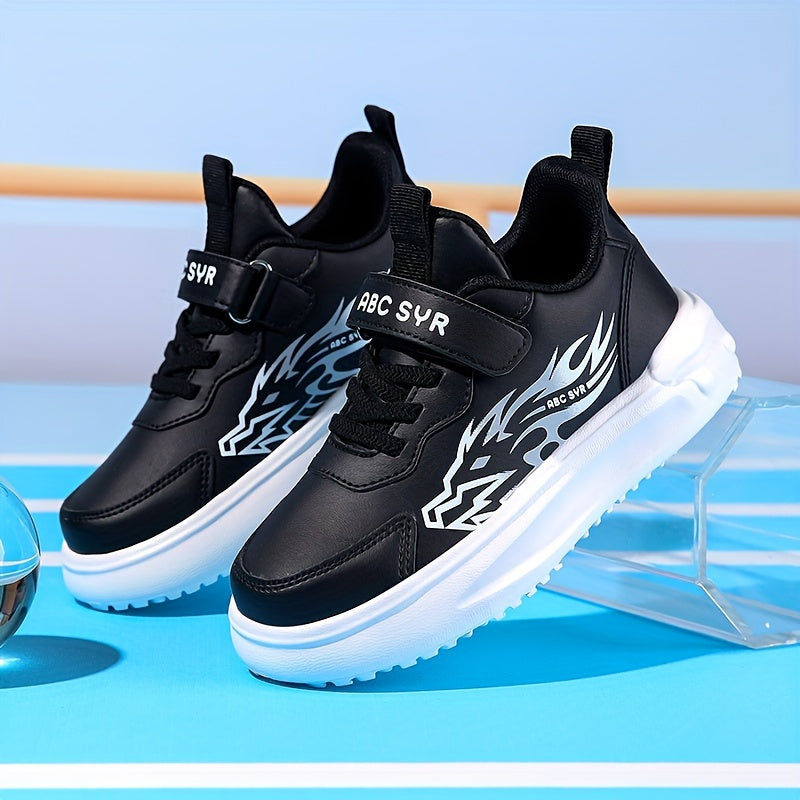 Boys' Athletic Sneakers for Fall/Winter 2024 - Stylish Flame Design, Durable & Comfortable with Hook-and-loop Fastener Strap, Low-Top, PU Upper, EVA Sole, Perfect for Running & School Activities