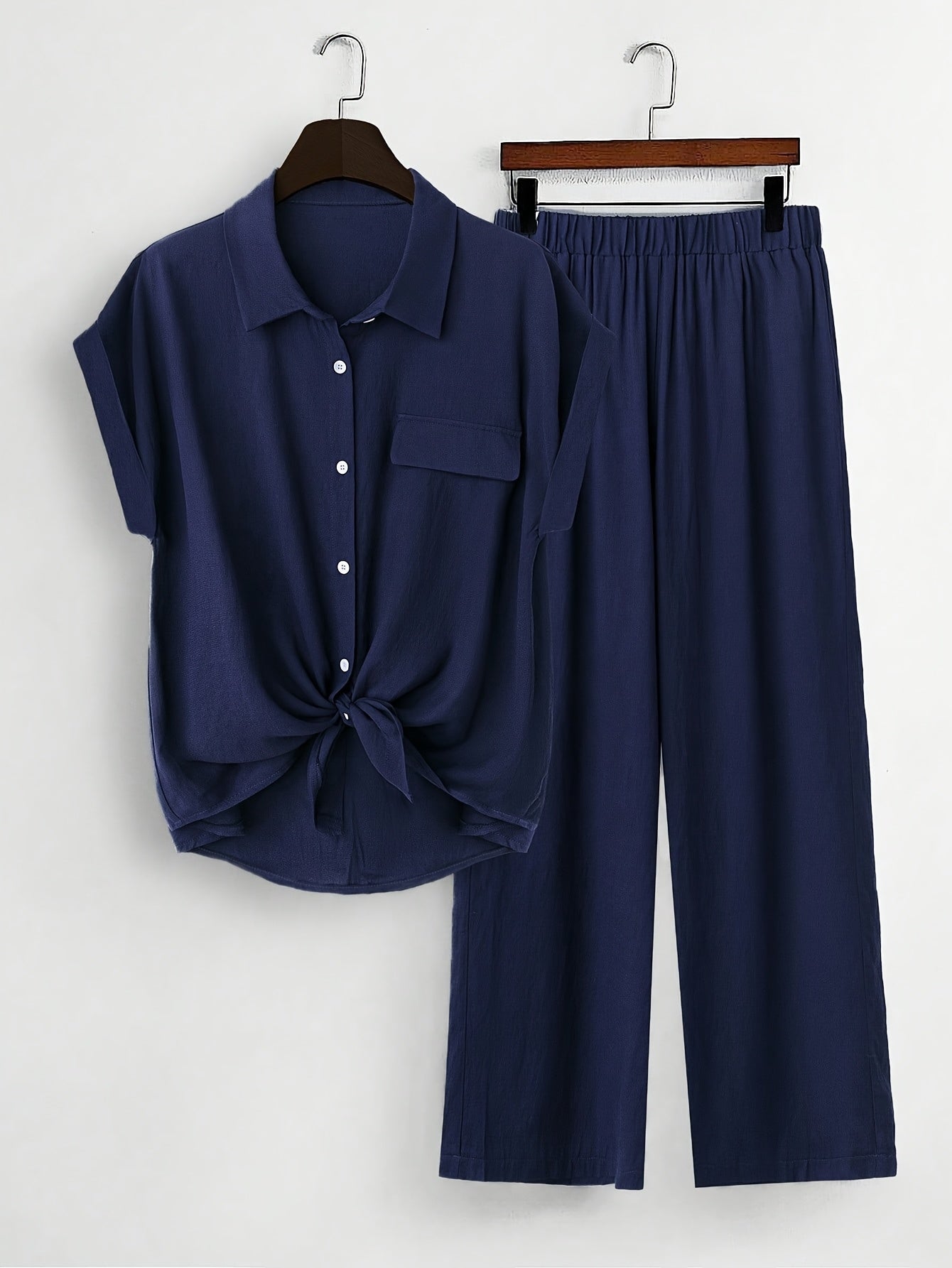 Plus Size, Women's Plus Size Long Sleeve Shirt and Straight Leg Pants Set