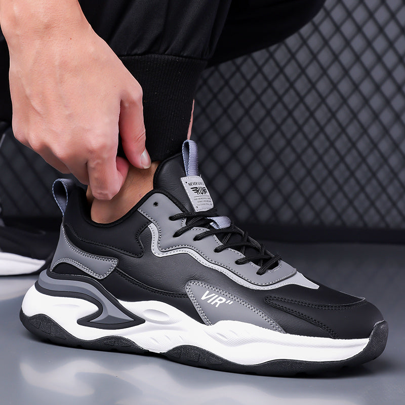 Men's Stylish Color-Block Sneakers - Black & Gray with White Accents, Comfortable All-Day Wear, Durable Rubber Sole, Lace-Up Design, Trendy Low-Top Style for Casual or Athletic Use, Casual Sneakers | Fashion Sneakers | Pu Mat