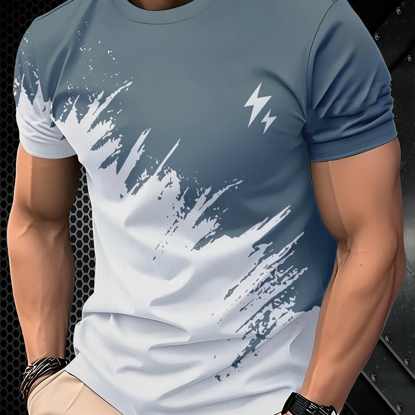 Men's Casual Short Sleeve T-Shirt with 3D Lightning Print, Dual-Tone Design, Round Neck - Polyester Blend, Machine Washable, Ideal for Summer Outdoor Activities, Summer Casual Wear|Round Neck Top|Smooth Fabric