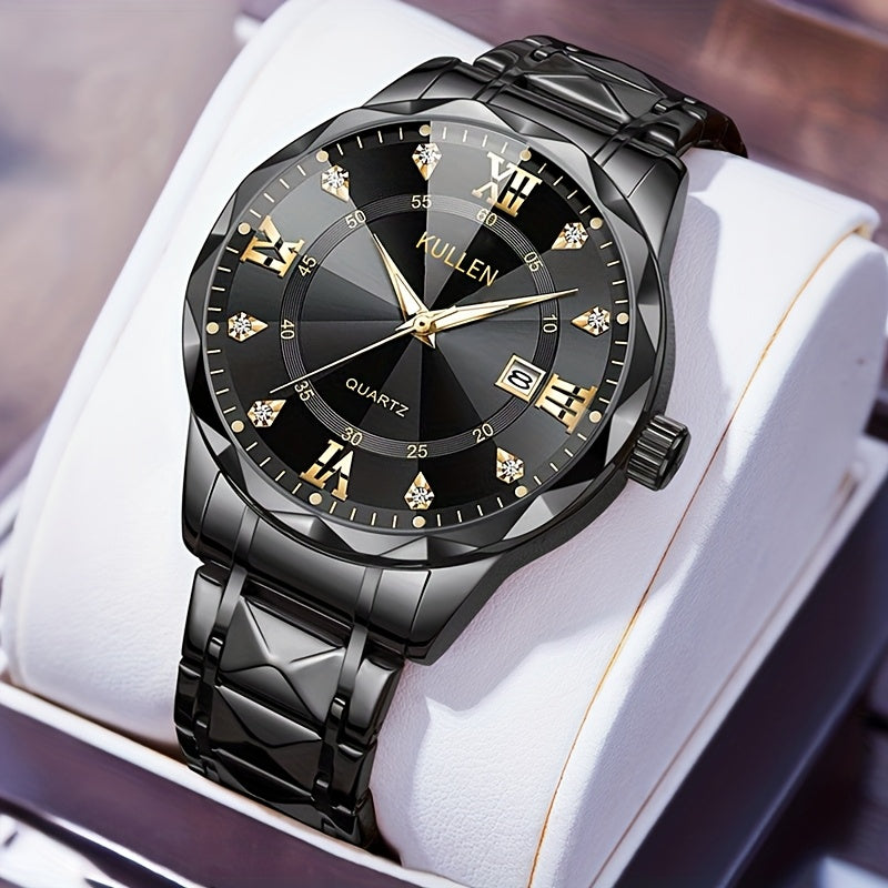 Men's Stylish Business Quartz Watch with Stainless Steel Strap & Alloy Case, Round Blue Dial with Golden Accents – Elegant Analog Display for Formal Occasions, Valentine's Day, Thanksgiving, and Ramadan Gifts