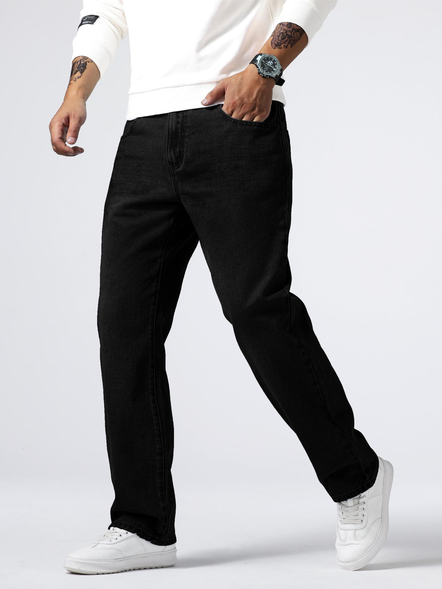 Men'S Loose Fit Straight Leg Jeans, Cotton 85% Polyester 15% Denim, Washed Solid Color Casual Style