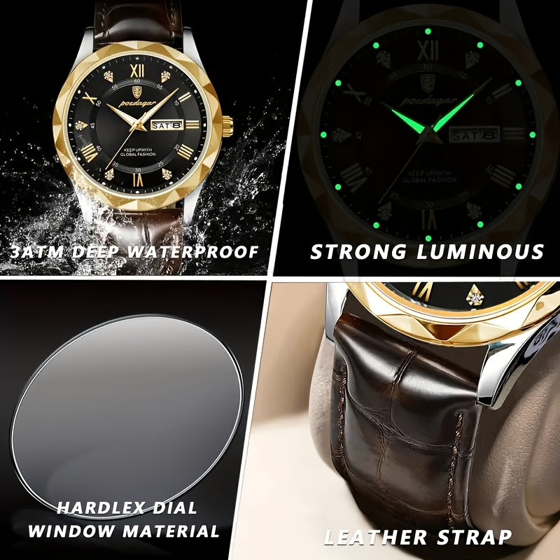 POEDAGAR Men's Casual Fashion Quartz Watch, Water-Resistant 3ATM, Round Alloy Case, Luminous Hands, Calendar Feature, Battery Powered with Electronic Drive, Faux Leather Strap