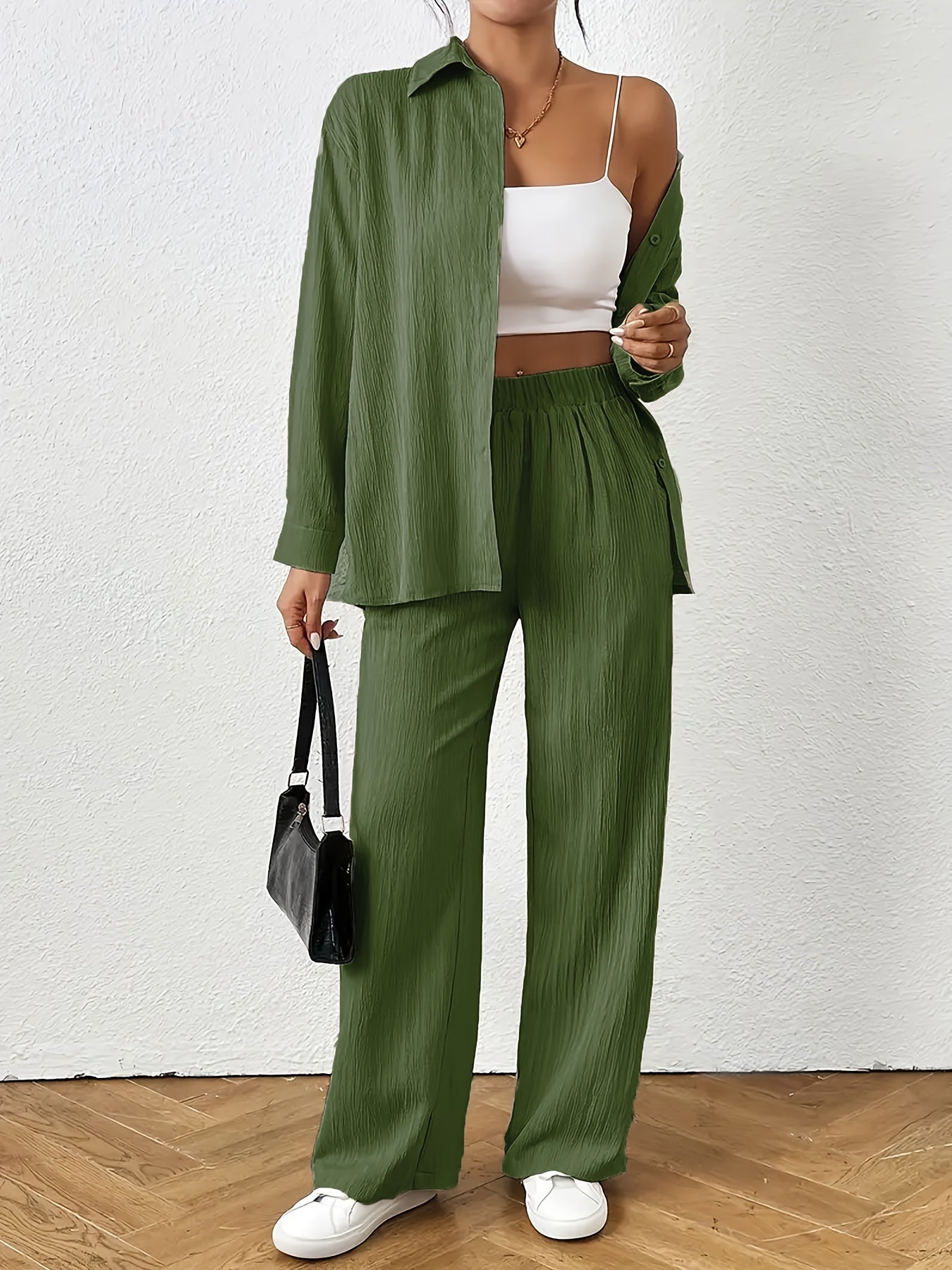 Women'S Casual Solid Color Long Sleeve Shirt + Long Pants 2pcs Set for Spring And Autumn.