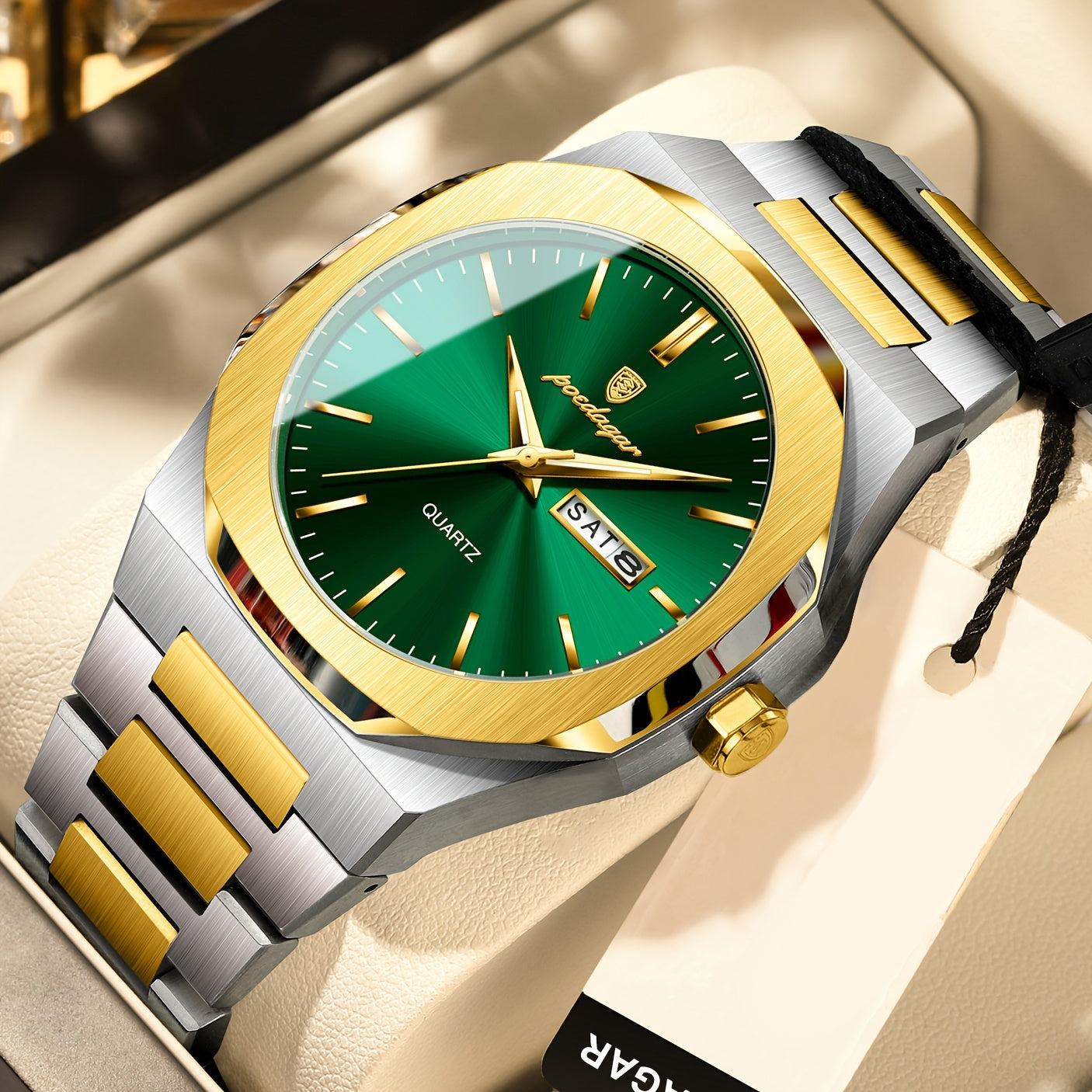 POEDAGAR Men'S Luxury Quartz Watch - Waterproof, Luminous Calendar, Stainless Steel Band, Business Style, Blue & Golden Accents, 3ATM, Non-Rechargeable Button Battery, Perfect for Spring Festival & Valentine'S Day Gifts