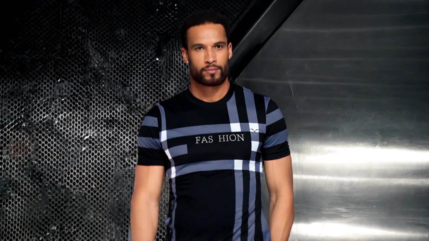 Men'S Casual "FAS HION" Graphic T-Shirt - Black & Blue Plaid, Short Sleeve, Round Neck, All-Season Comfort Fit, Casual Attire | Plaid Pattern Top | Comfortable Fit Shirt