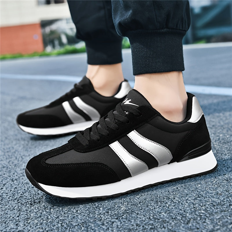 AOPLUS Men's Breathable Casual Running Shoes - Lightweight Low-Top Sneakers with PU Upper & Rubber Sole, Black & White Design for Training, Gym, Casual Attire