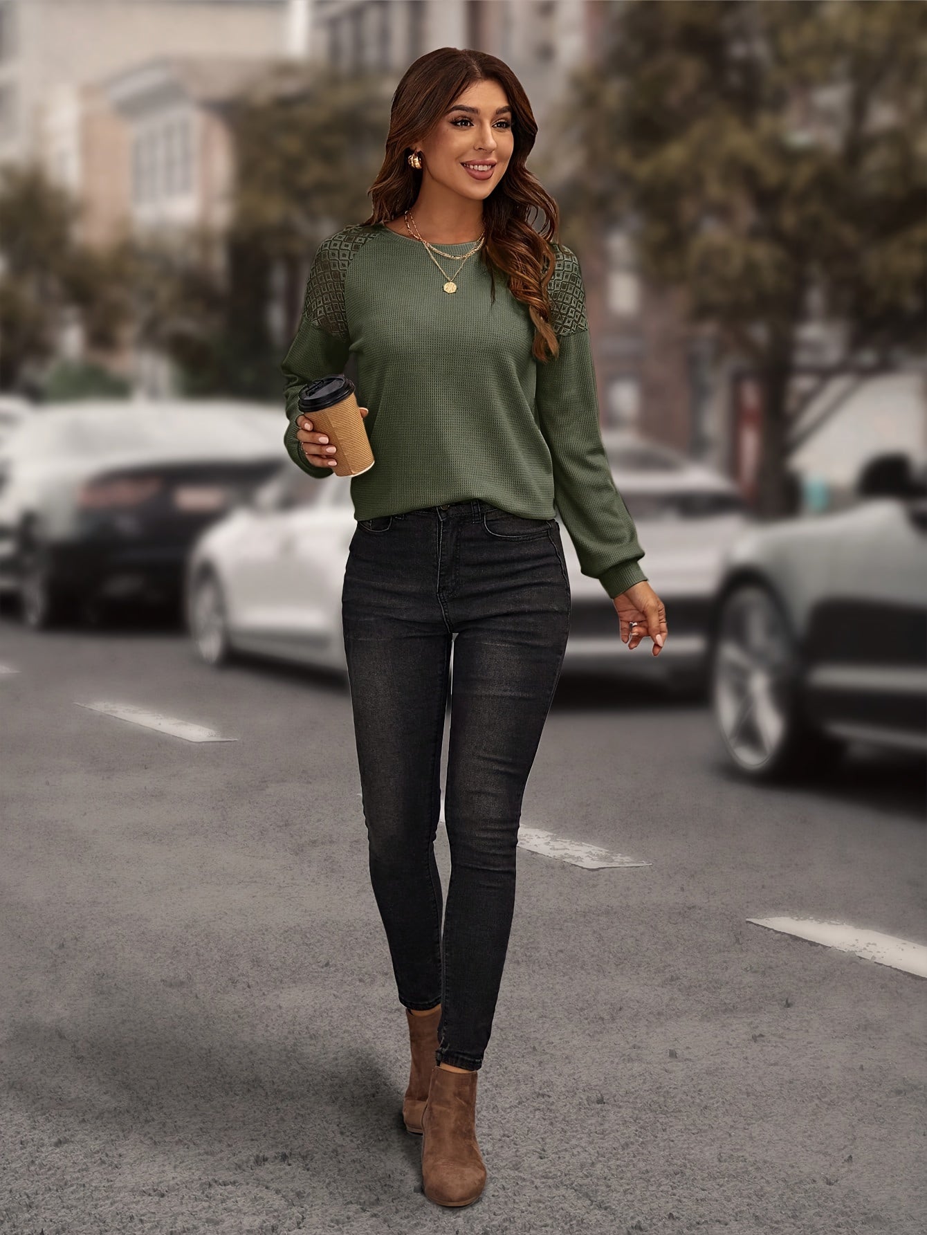 Contrast Lace Crew Neck T-Shirt, Casual Long Sleeve Top For Spring & Fall, Women's Clothing