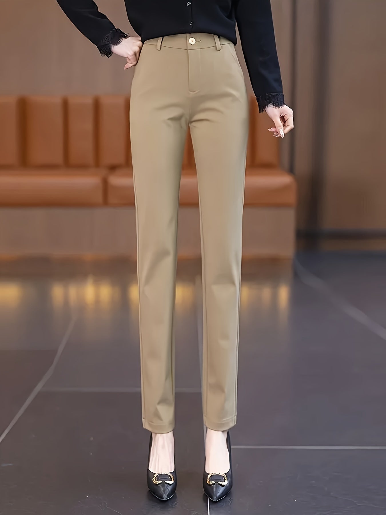 Women's High-Waist Straight-Leg Suit Pants - Navy Blue, Stretchy & Comfortable Nylon Blend, Slim Fit Professional Work Trousers with Pockets, Machine Washable, Versatile for Casual or Office Wear