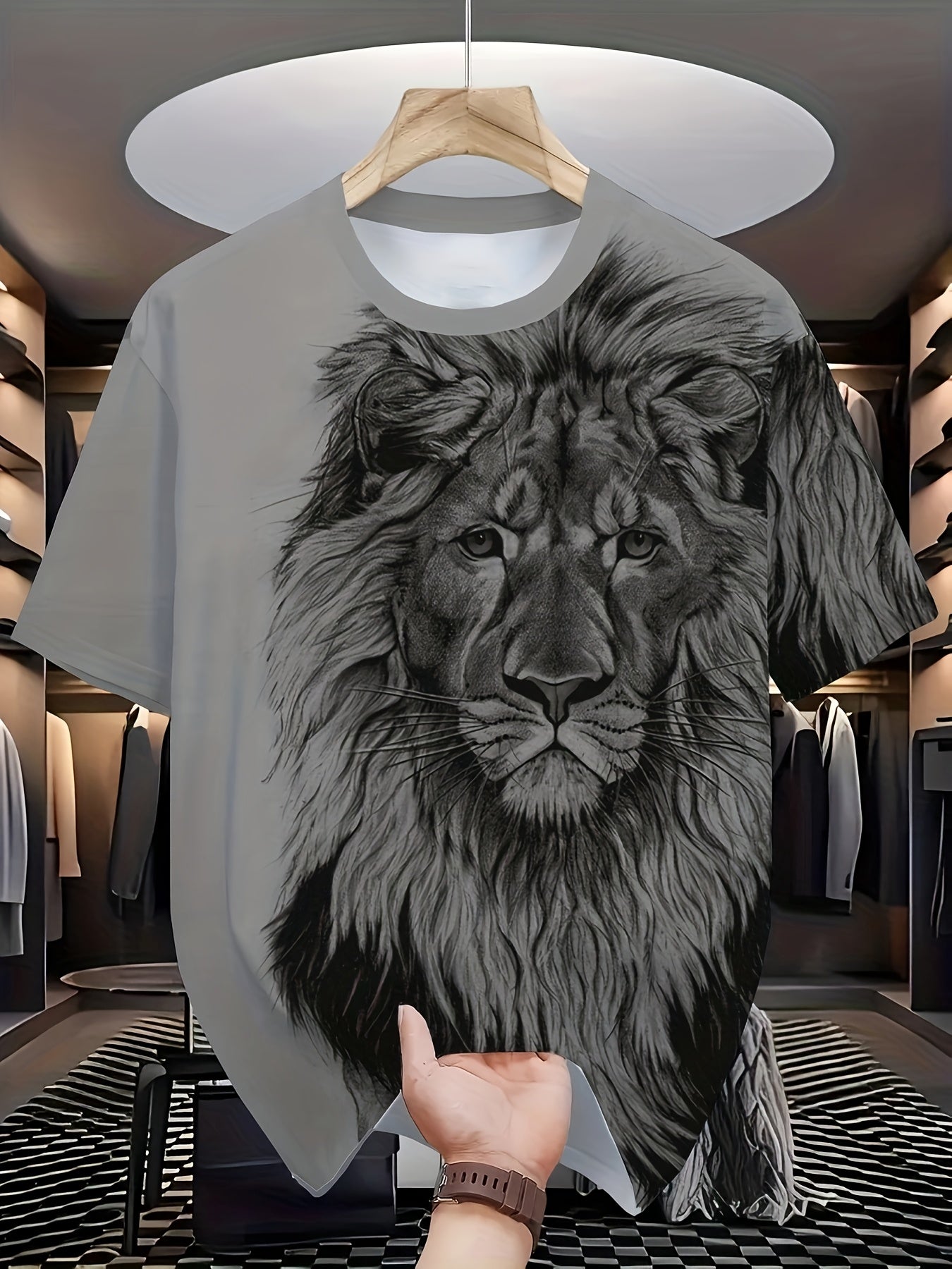 1 Set Men'S Plus Size 2pcs Summer Casual Outfit, Lion Print Short Sleeve T-Shirt and Sweatpants Set, Sports and Holiday Leisure Wear, Crew Neck, Knit Fabric with Slight Stretch, Polyester and Spandex Blend