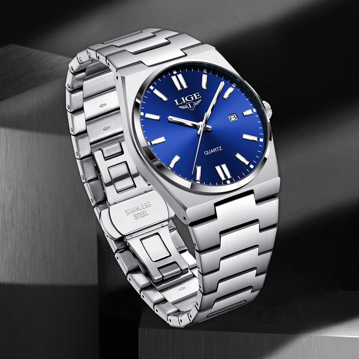 LIGE Stainless Steel Sports Watch for Men and Women - Dual Display Digital & Quartz Movement, Blue Dial, Rotating Bezel, Date Display, Metal Bracelet, Gift Box Included, Watch Accessories, LIGE