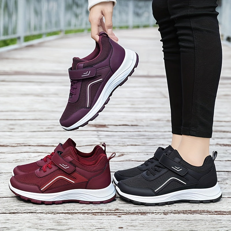 Women's Breathable Mesh Sneakers - Maroon Low-Top Casual Sneakers with Adjustable Hook-and-loop Fastener Strap & Laces, Comfortable Fabric Insole, All-Season Round Toe Design, Breathable Footwear | Stylish Mesh Sneakers | Adj