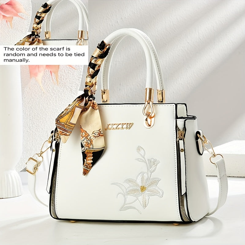JXZYW Women'S Floral Embossed Large Capacity Tote Bag - Stylish White Shoulder Handbag with Golden-Tone Hardware, Black Handles & Floral Design for Commuting, Shopping, and Casual Outings, Versatile Carryall, Sophisticated Ac