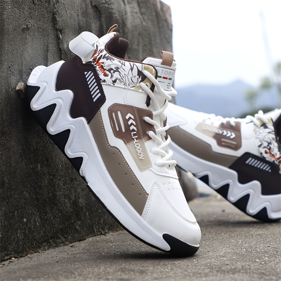 Men's High-Top Basketball Sneakers, Preppy Street Style, Solid Color with Cartoon & Stripes, All-Season Lace-Up Sports Shoes, Faux Upper, Fabric Inner, Rubber Sole, for Running, Hiking & Casual Wear, Outdoor Activities Shoes