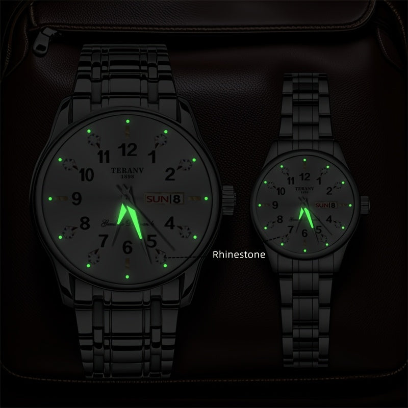 Two Stylish Digital Round Dial Couple'S Quartz Watches - IPX7 Waterproof, Luminous, Dual Calendar, Date and Day/Week Display, Alloy Strap Business Watches, Suitable for Women and Men, Valentine'S Day Gift Wristwatches