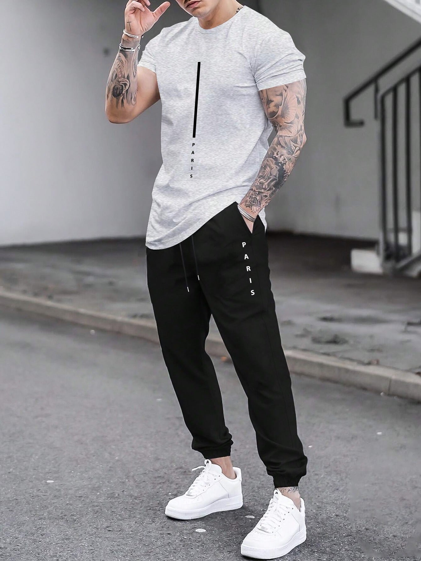 1set Men'S Casual Sportswear Set, Geometric Pattern Short Sleeve T-Shirt and Drawstring Joggers, Knitted Polyester and Elastane Blend, Round Neck, Regular Fit, Four Seasons Outfit
