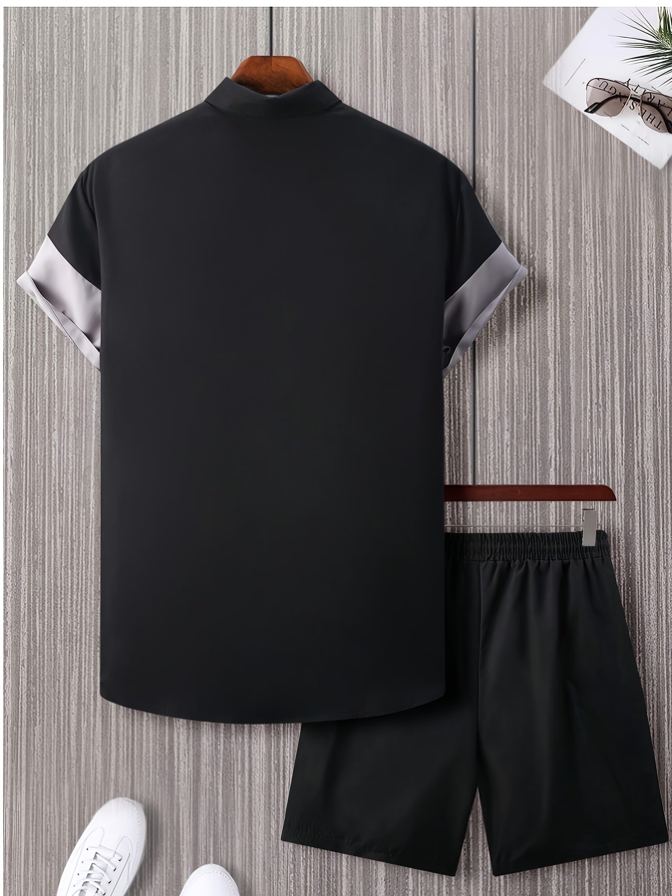 Men'S Letter Color Block Short Sleeve Shirt Shorts Casual Suit 2pcs Set