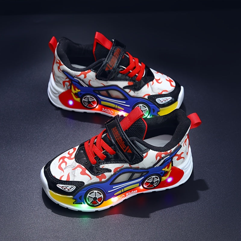 2024 Fall New Youngsters' Boys' Sports Shoes with Cartoon Flashing Lights - Youngsters' Light-Up Running Shoes, Thin, LED, for Ages 1-3-6, PVC Sole, EVA Insole, Hook & Loop Closure, Perfect for Casual Wear