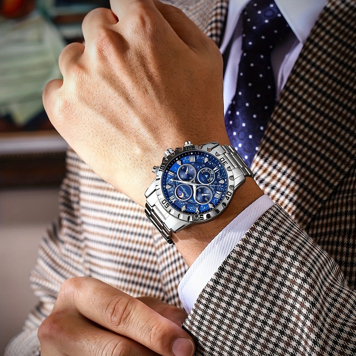 POEDAGAR Men'S Luxury Stainless Steel Quartz Watch with Moon Phase and Calendar - Waterproof, Night-Glow Hands, and Detailed Dial for Business and Formal Attire, Formal Watch | Detailed Watch Face | Quartz Movement