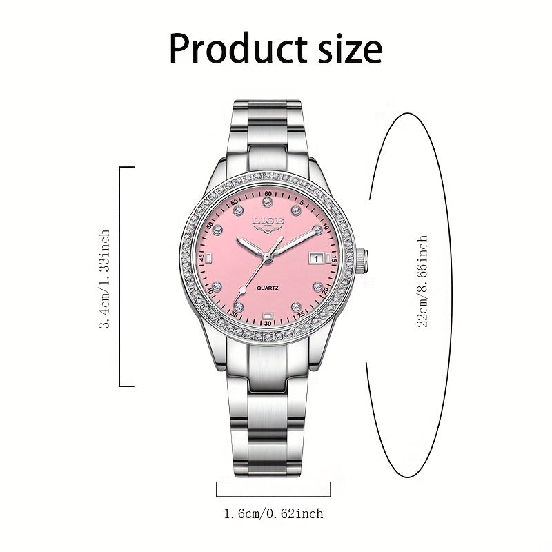 Elegant Pink Women'S Watch - LIGE Quartz Chronograph with Stainless Steel Band, Rhinestone Accents, Date Display & Heart Rate Monitor - Ideal Mother'S Day Gift, Gift for Women | Elegant Timepiece | Quartz Movement, LIGE