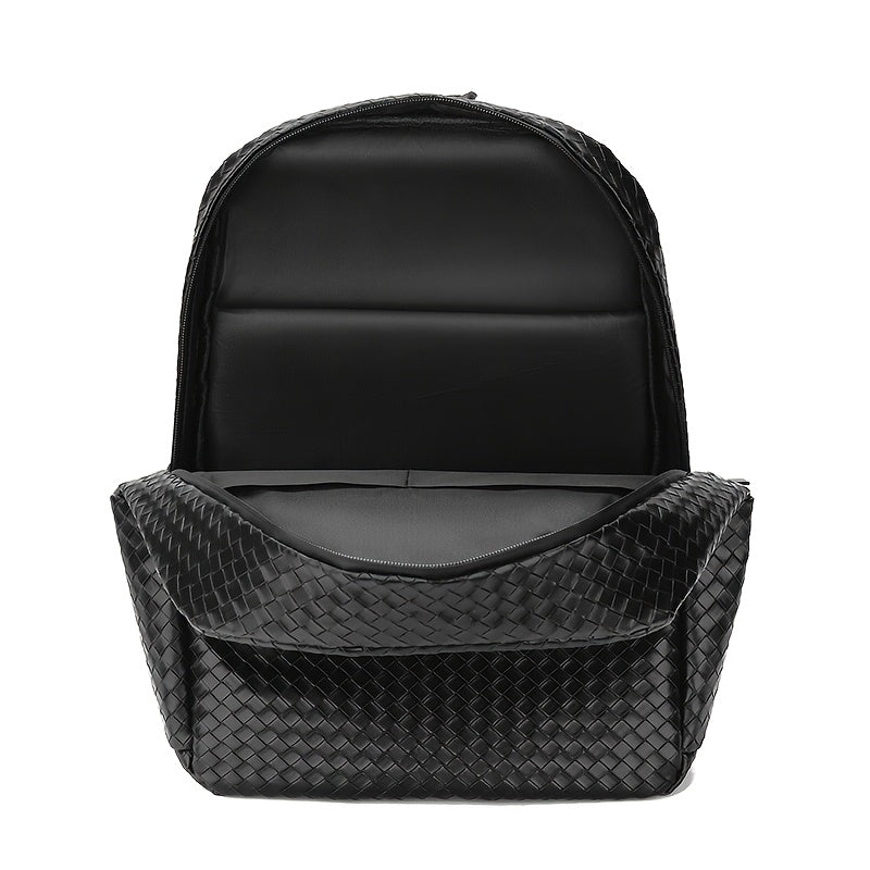 Fashionable Black Woven Backpack with Adjustable Shoulder Straps - Stylish Short Trip Storage Bag, Durable Polyester Lining, Secure Zip Closure, Casual Daypack for Outings, Travel Backpac