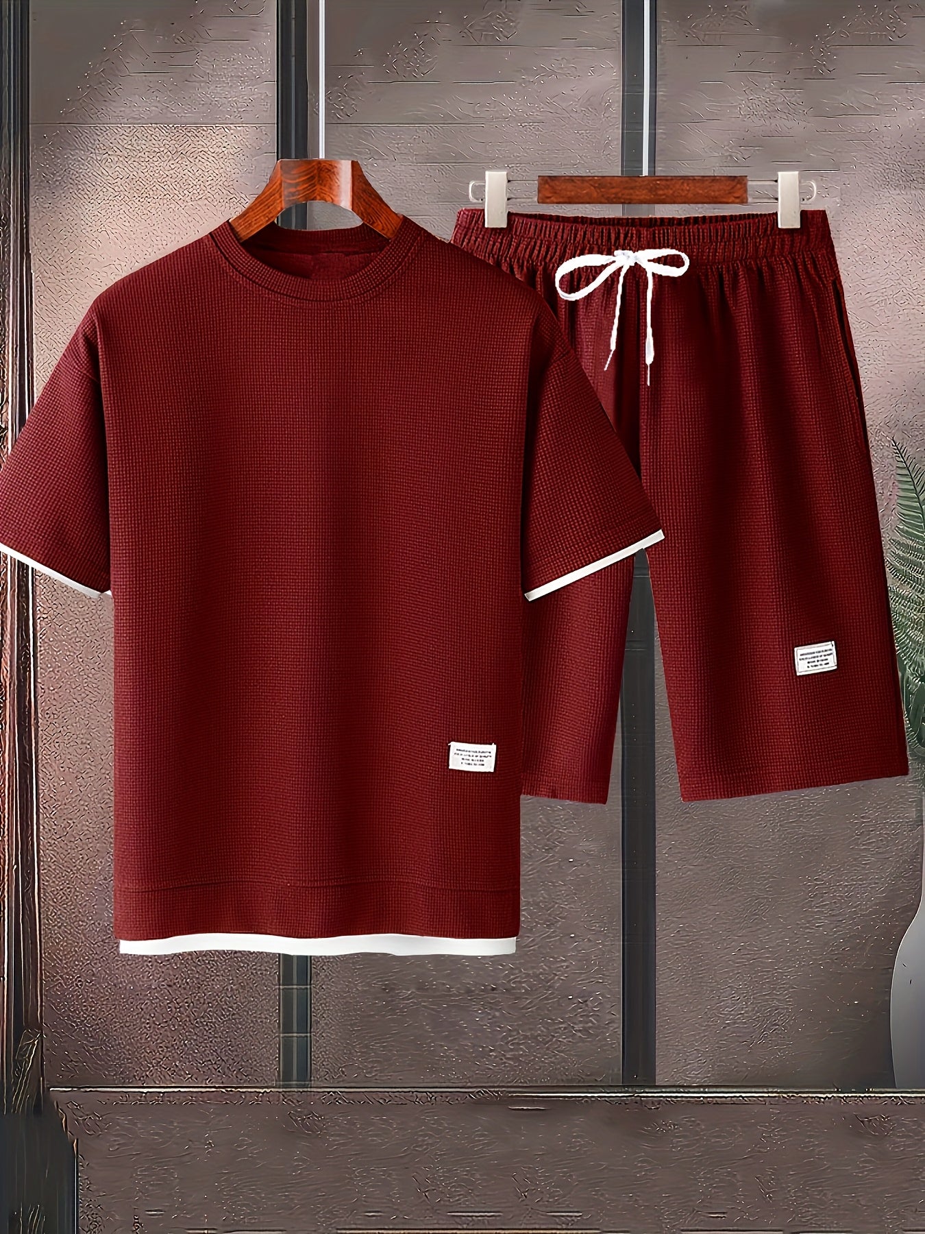 Waffle short-sleeved T-shirt Men's casual sports suit summer loose fake two-piece half-sleeve T-shirt set