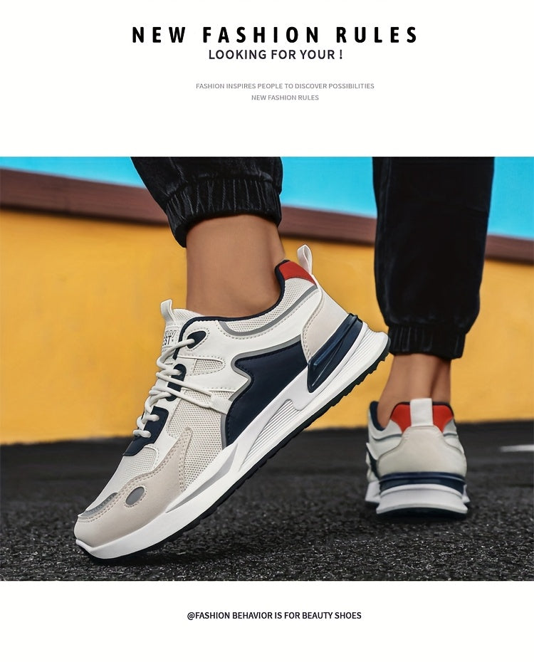 Men's Plus Size Breathable Mesh Casual Sneakers - Low-Top Lace-Up Walking Shoes with Cushioned PVC Sole, All-Season Outdoor & Daily Wear in White/Navy/Red Accents, Outdoor Footwear | Modern Sneakers | Durable Fabric Shoes