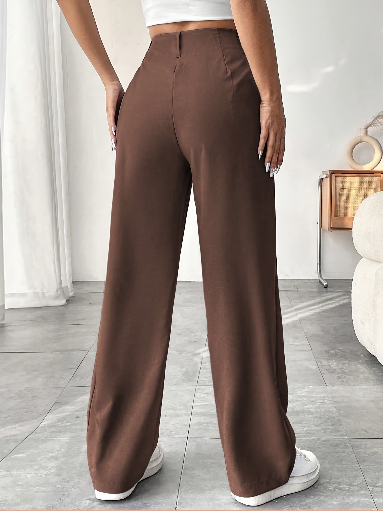 Elegant Style, Women's Elegant Black Straight-Leg Pants with Pockets - High Waist, Polyester Blend, Machine Washable, Ideal for Office and Casual Settings