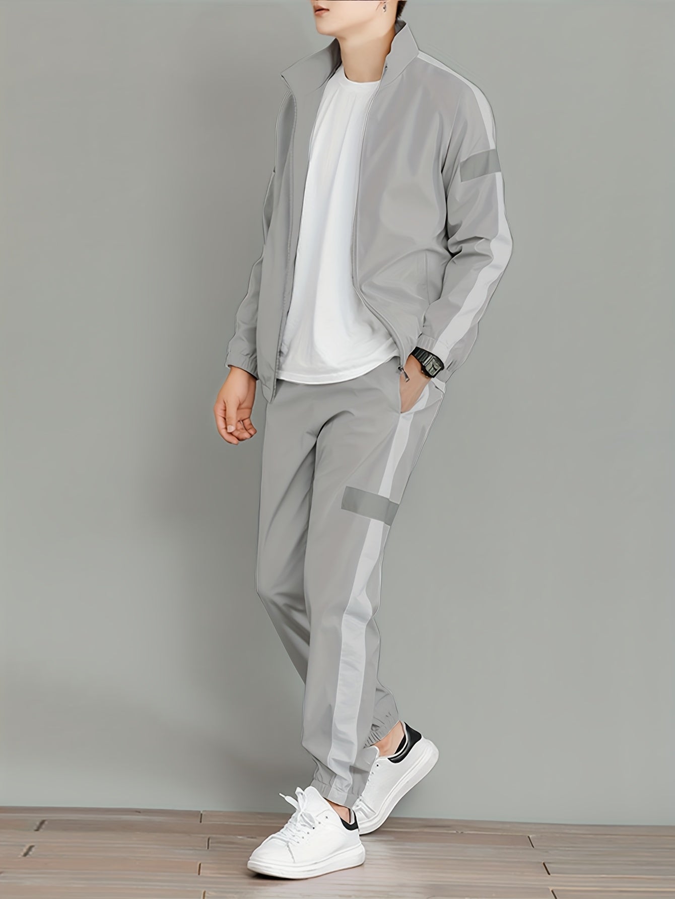 2pcs Men's Spring/Autumn Casual Long Sleeve Sportswear Set with Stand Collar