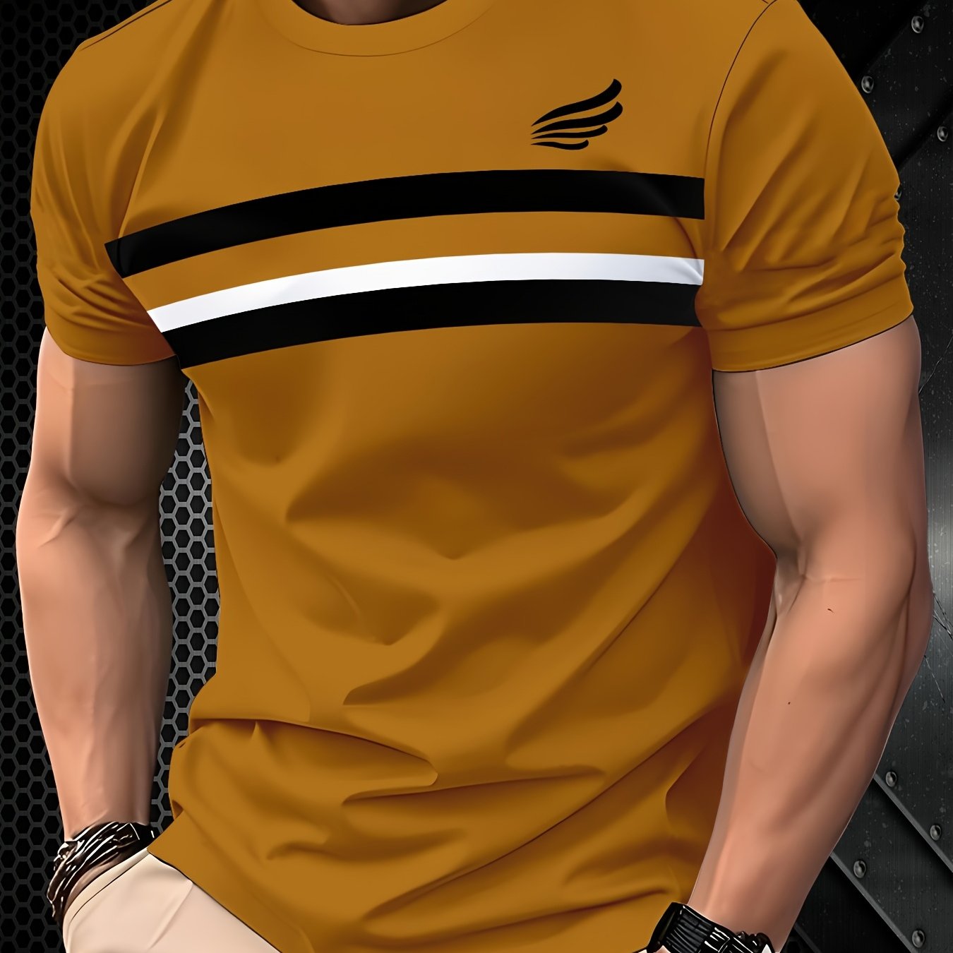 Men'S Casual Crew Neck T-Shirt - 100% Polyester Knit Fabric, Slight Stretch, Solid Color, Regular Fit, 3D Stripe Design