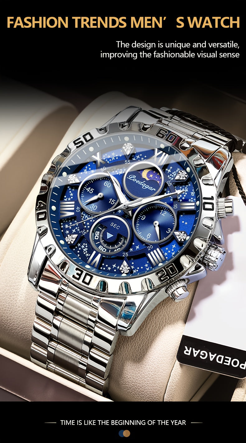 POEDAGAR Men'S Luxury Stainless Steel Quartz Watch with Moon Phase and Calendar - Waterproof, Night-Glow Hands, and Detailed Dial for Business and Formal Attire, Formal Watch | Detailed Watch Face | Quartz Movement