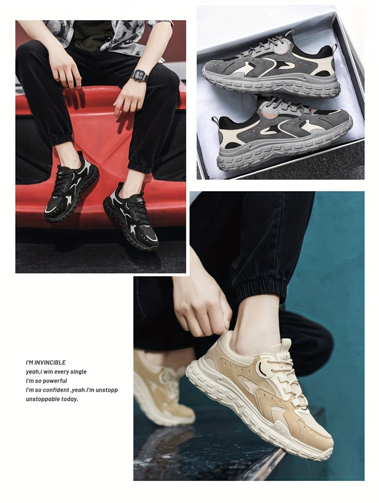 Men's Trendy Chunky Sneakers - Breathable Mesh & PU Upper, Durable PVC Sole, Lace-Up Casual Sneakers in Gray, Black & Orange, All-Season Comfort for Casual Attire